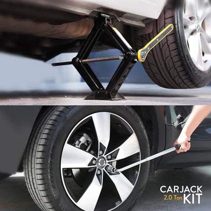Car Jack Kit 2 Ton Scissor Jack with Lug Wrench Auto Tire Change Tool | Portable emergency kit, Cars & SUVs, Spare tire changing, LED headlamp, Tire pressure gauge, Work gloves - size: Car Jack Kit 2 Ton + Lug Wrench