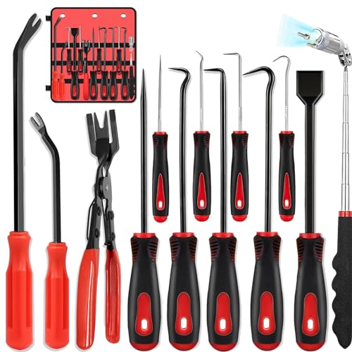 13 Pcs Mechanic Hook and Pick Tool Set with Auto Clip Removal Plier | Rivets Puller Telescoping Magnetic Pickup Gasket Scraper for Remove Automotive Electronics Maintenance Hoses Gasket (red1) - color: red1