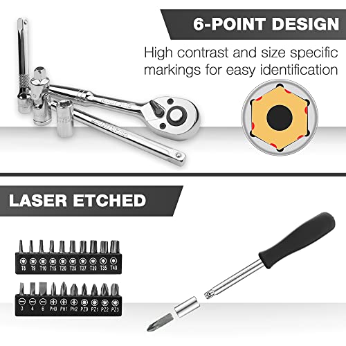 EACELIY 75pcs 1/4" Drive Impact Socket Set, Master Socket Set,Wrench Set with 1/4" Bit Adapter, Universal Joint, Ratchet, 1/4 "Drive Bit Set Extension (5/32" - 9/16 ", 4-14mm) - size: 75PCS 1/4inch