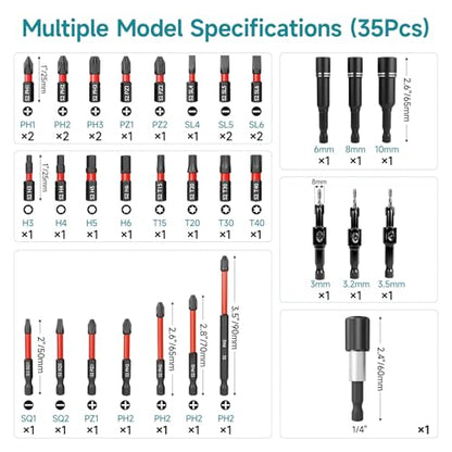 35Pcs Impact Driver Bits Set with a Storage Case | 28 Magnetic Screwdriver Bits, 3 Hex Countersink Drill Bits, 3 Sockets, Quick Change Chuck for Power Screwdrivers Electric - style: 28 Screwdriver Bits, 3 Countersink Drill Bits, 3 Sockets,1 Change Chuck