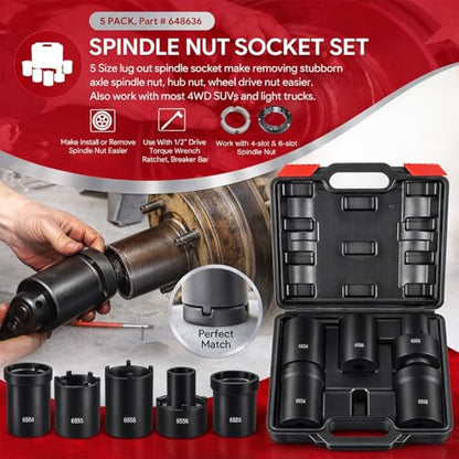Spindle Nut Socket Tool Kit, 5Pcs Axle Hub Lock Nut Socket Set 1/2” Drive for Ford Dana 44/50/60, F250, F350, Chevy, GM, w/Storage Case, 648636 Lug Out Spindle Sockets Remover Installer Set