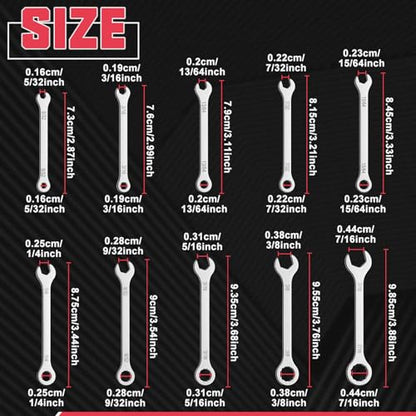 10PCS Super-Thin Mini Wrench Set Standard SAE 5/32"-7/16" Ultra-Slim Ignition Wrenches Open End and Box End Combination Wrench Set for Tight Spaces, Circle Ring, Gate Clip in Pouch - size: Ultra-Thin SAE