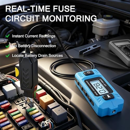 Car Fuse Tester, Automotive Circuit Fault Probe Tester, 20A 48V Parasitic Draw, Car Relay & Circuit Tester with Overcurrent Detection, Inline Current Monitor for Mini & Standard Blade Fuses