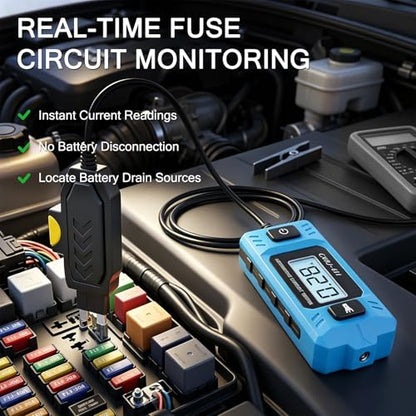 Car Fuse Tester, Automotive Circuit Fault Probe Tester, 20A 48V Parasitic Draw, Car Relay & Circuit Tester with Overcurrent Detection, Inline Current Monitor for Mini & Standard Blade Fuses