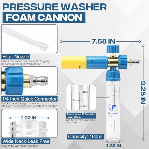 FIXFANS Pressure Washer Gun with Mini Foam Cannon, Dual Connector Accessory, Car Wash Foam Gun Kit - No-Dilution Foam Cannon Pro 100ML, 5 Power Washer Nozzle Tips & M22 Adapter, 1/4" Quick Connect - size: 100ML