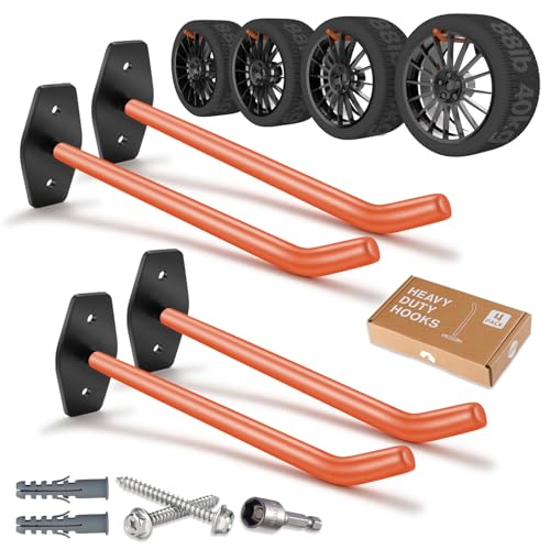 4 PCS Garage Hooks Heavy Duty Wall Mount, Tire Storage System with Anti-Slip Coating, Hang Heavy Tools for up to 88Lbs, for Bikes, Ladders, Chairs and Bulky Tools - color: 4 Pack – Orange