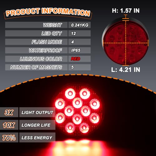 2PCS Magnetic Red Lights, Rechargeable Flashing Strobe Lights | Portable Battery Powered 12-LED Red Road Flares Emergency Warning Beacon Light for Trucks Vehicle, Wireless Strobe Light - color: Red-Round Shape