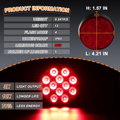 2PCS Magnetic Red Lights, Rechargeable Flashing Strobe Lights | Portable Battery Powered 12-LED Red Road Flares Emergency Warning Beacon Light for Trucks Vehicle, Wireless Strobe Light - color: Red-Round Shape
