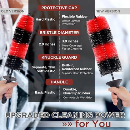 TAKAVU Wheel & Tire Brush, Long Bristle, Built-in Knuckle Guard (Upgraded) | Non-Slip Handle Detailing Brush, Deep Reach Cleans Rims & Brake Dust, Effortless Wheel & Barrel Wash - color: Red & Black - Big Brush