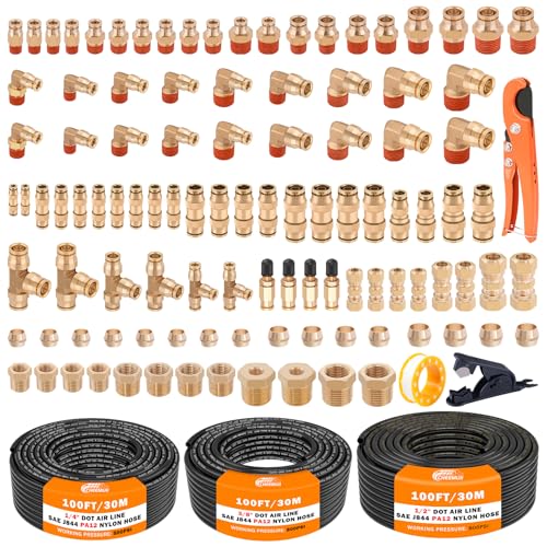 CheeMuii 112 PCS Brass DOT Air Line Fittings with 3 Roll 100FT 1/4" 3/8" 1/2" DOT Air Lines Kit Push Lock Air Fitting Quick Connect Air Fittings with Air Hose Pneumatic Tubing - size: 100FT-3ROLL-112PCS