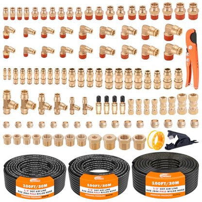 CheeMuii 112 PCS Brass DOT Air Line Fittings with 3 Roll 100FT 1/4" 3/8" 1/2" DOT Air Lines Kit Push Lock Air Fitting Quick Connect Air Fittings with Air Hose Pneumatic Tubing - size: 100FT-3ROLL-112PCS