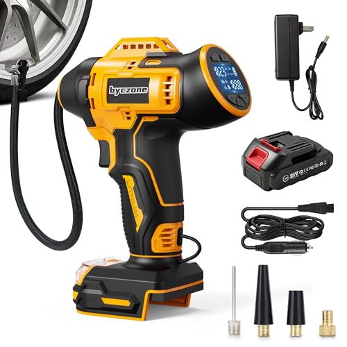 Cordless Tire Inflator Portable Air Compressor with 2000mAh Battery, 160PSI Car Tire Pump with 12V DC Dual Power & 2.0Ah Battery, Digital LCD & Auto Shut-Off for Car Bike Ball - color: Yellow&black（with Battery）