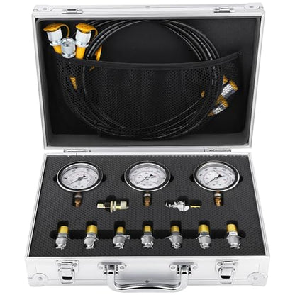 Hydraulic Pressure Test Kit, 250/400/600bar, 3 Gauges 9 Test Couplings 3 Test Hoses, Hydraulic Gauge Test Kit for CAT, Komatsu, Hitachi, Kobelco Excavators & Loaders - style: 3 Gauges 9 Couplings