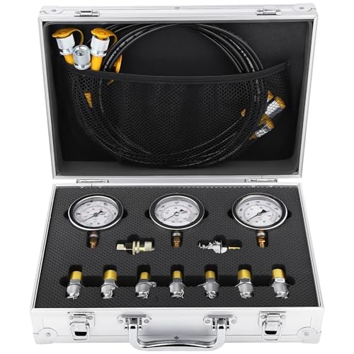 Hydraulic Pressure Test Kit, 250/400/600bar, 3 Gauges 9 Test Couplings 3 Test Hoses, Hydraulic Gauge Test Kit for CAT, Komatsu, Hitachi, Kobelco Excavators & Loaders - style: 3 Gauges 9 Couplings
