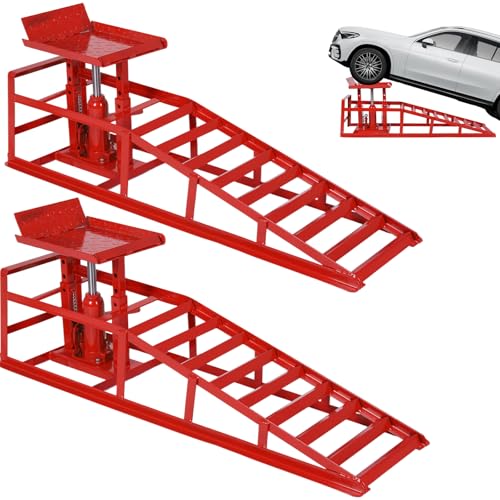 2-Piece Low Profile Hydraulic Car Ramps, Heavy Duty Lift Car and Truck Service Ramps for Oil Changes, 5 Ton Capacity Adjustable Ramp for Routine Vehicle Maintenance
