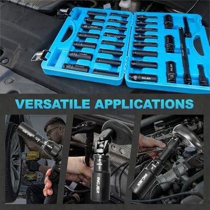 1/2" 29PCS Impact Socket Set, Upgrade CR-MO 6 Point Socket Set,SAE (3/8"-1") & Metric (10-24mm), Standard & Deep Sockets with Extension Bars, High Torque, Ideal for Truck Bearing Locknut. - size: 1/2inch 29PCS DEEP