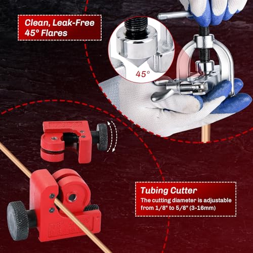 Brake Line Double & Single Flaring Tool Kit with Tubing Cutter | 45° Flare Tool Set with 5 Adapters for Copper, Aluminum & Brass Tubing, Brake Line Flaring Tool Kit