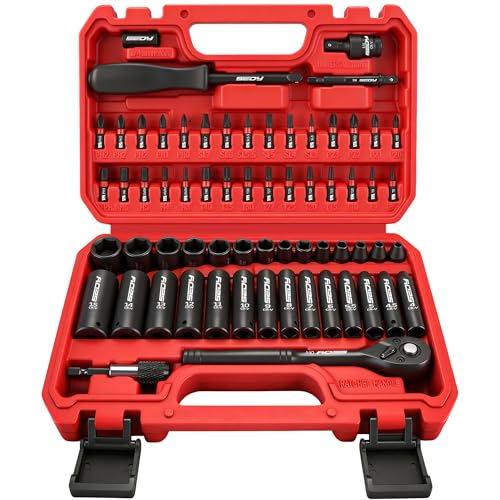 64-Piece 1/4" Drive Impact Socket Wrench Driver-Bits Set, Cr-V Metric&SAE Deep and Shallow Socket Set, S2 Power Bits with Quick-Release Ratchet Handle, Universal Joint, Bit Holder, Power Drill Adapter - style: 1/4" | 64-Piece Socket & Bit Set