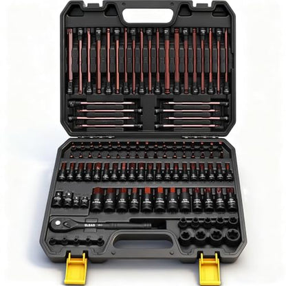 112-Piece Torx and Allen Bit Socket Set, 1/4", 3/8",1/2" Drive Bit Socket Set with Ratchet Wrench, Adapters, Extra Long & Tamper Proof torx/Hex/Ball End Hex/E-torx, SAE & Metric - style: 112-Piece Torx & Hex Bit Socket Set