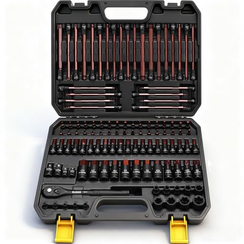 112-Piece Torx and Allen Bit Socket Set, 1/4", 3/8",1/2" Drive Bit Socket Set with Ratchet Wrench, Adapters, Extra Long & Tamper Proof torx/Hex/Ball End Hex/E-torx, SAE & Metric