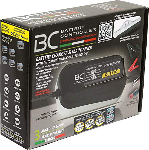 BC Battery Controller Duetto 12V 1.5A Intelligent Battery Charger and Maintainer Trickle and Float Charger for Motorcycles, Cars, and BMW CAN-Bus Lead Acid and Lithium Batteries up to 100Ah, U.S. Plug