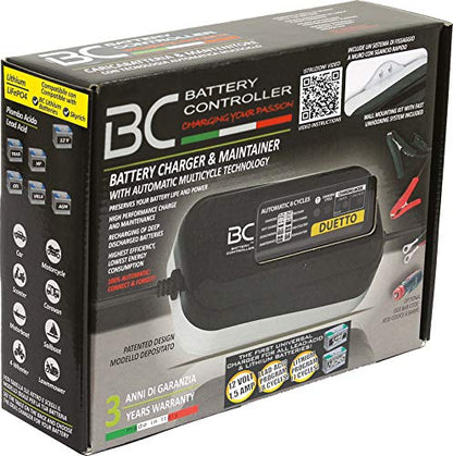 BC Battery Controller Duetto 12V 1.5A Intelligent Battery Charger and Maintainer Trickle and Float Charger for Motorcycles, Cars, and BMW CAN-Bus Lead Acid and Lithium Batteries up to 100Ah, U.S. Plug