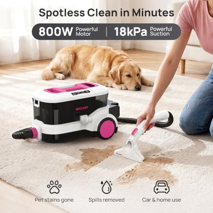 WECLEAN C4 Portable Carpet Cleaner Machine, Stand Up Upholstery Cleaner with 18KPa Powerful Suction, 800W Spot Cleaner for Pet Stains, Carpet, Rug, Couch and Car Interior, Dual Tank System, Pink - color: Pink