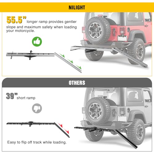 Nilight Motorcycle Hitch Carrier 400LBS, Lightweight Robust Aluminum Dirt Bike Hitch Hauler with 55.11" Longer Ramp, Pin Lock, Tie-Down Strap and Tightener, 2" Receiver, 5" Wide Tire - color: Motorcycle Hitch Carrier Aluminum 400 LBS
