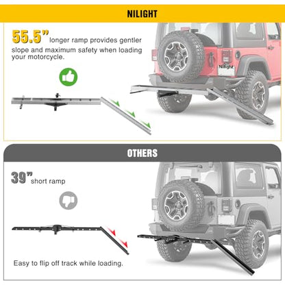 Nilight Motorcycle Hitch Carrier 400LBS, Lightweight Robust Aluminum Dirt Bike Hitch Hauler with 55.11" Longer Ramp, Pin Lock, Tie-Down Strap and Tightener, 2" Receiver, 5" Wide Tire - color: Motorcycle Hitch Carrier Aluminum 400 LBS