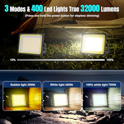 400W Solar 32000MAh Rechargeable Work Light, 400 LED 32000LM Portable Flood Light with Stand＆Dimming Function, IP66 Waterproof 3 Modes LED Job Site Lighting Flashlights for Mechanic Car - color: Yellow