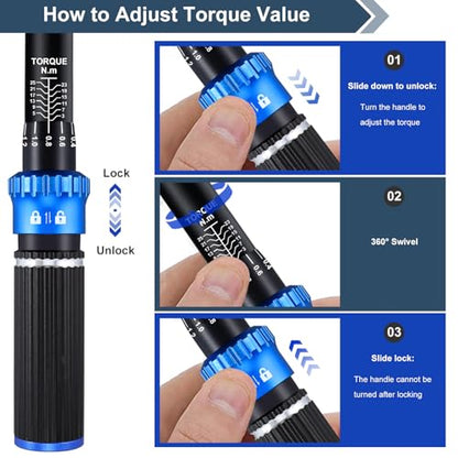 1/4'' Newton Meter Torque Wrench, Bike Torque Wrench 1/4 3-25 NM/22.6-221.3 IN.LB，Dual-Direction Adjustable 72 Tooth Drive Small Torque Wrenches for Bike, Motorcycle and Car Repair - size: 1/4" 1.88-18.44 FT.LB