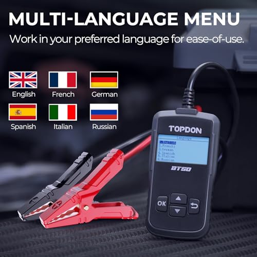 Car Battery Tester TOPDON BT50, 12V Battery Load Tester, 100-2000 CCA Automotive Alternator Tester Digital Battery Analyzer Charging Cranking System for Car Truck Motorcycle ATV SUV Boat Yacht | Digital Battery Load Tester for 12V Lead Acid Battery, 12V B