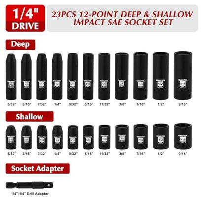 EMENTOL 1/4" Drive Impact Socket Set, 23 Pieces Deep & Shallow Socket Set, SAE 5/32"-9/16", 12 Point CR-V, Includes Drill Bit Adapter - size: 1/4" Drive (5/32"-9/16")