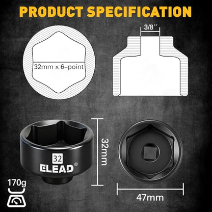 ELEAD 32 mm Oil Filter Socket Wrench, 3/8'' Drive 6-Point Oil-Filter Removal Tool, Metric Oil Filter Wrenches, Low Profile Design for Easy Removal, Chrome Vanadium Steel Oil-Change Tool - style: 32mm