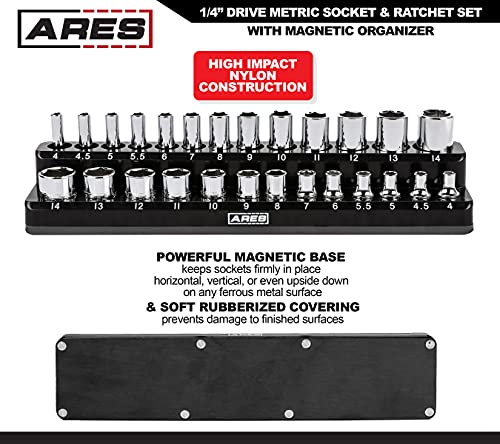 ARES 47003 28-Piece 1/4-inch Drive Metric Socket and 90-Tooth Ratchet Set | Sizes 4mm to 14mm Deep and Shallow Sockets
