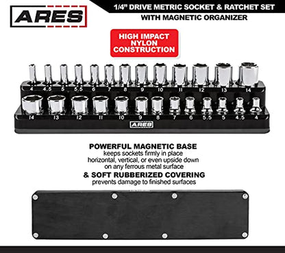 ARES 47003 28-Piece 1/4-inch Drive Metric Socket and 90-Tooth Ratchet Set | Sizes 4mm to 14mm Deep and Shallow Sockets