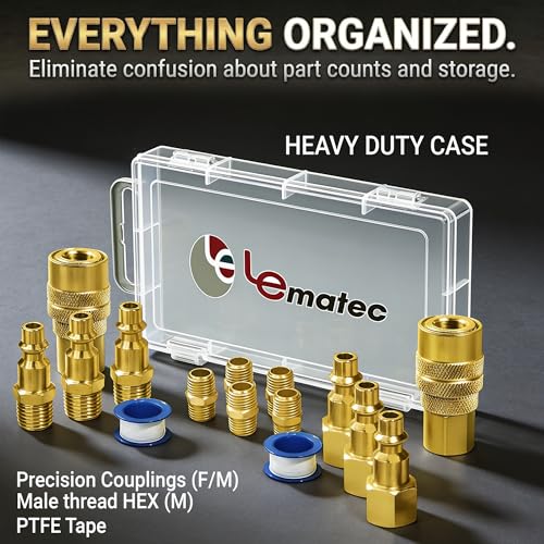 LE LEMATEC Air Compressor Hose Fittings Kit, 1/4 NPT | Solid Brass, 15-Piece, 3 Male 3 Female Plugs, 5 Dual Couplers, Teflon Tape, Leak-Proof, Pneumatic Tools, Storage Case
