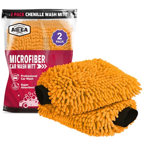 AIDEA Car Wash Mitt Microfiber, 2PK, Car Wash Brush, Orange, 8''X12'' | Scratch Free Lint-Free, Premium Chenille Microfiber Mitt, Cleaning Supplies, Extra Large Size - color: Orange, size: 2PK-8''X12''