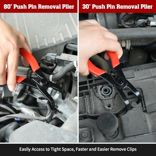 TOOLEAGUE Body Clip Pliers Set, 30° and 80° Push Pin,Panel Removal Pliers | Automobile Upholstery Trim Clip Removal Tool，CR-V Steel, Polyvinyl Chloride (PVC) Handles