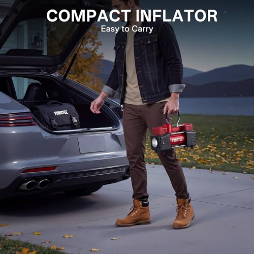 YUNGTEE Tire Inflator Heavy Duty Double Cylinders Direct Drive Inflation Pump,12V Portable Air Compressor Pump with Emergency LED Light - 150PSI Tire Pump,Apply to Car,SUV,RV - color: Red