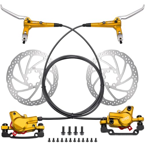 TOBWOLF Premium Gold MTB Hydraulic Disc Brake Set, Pre-Bled Dual Piston Aluminum Calipers & Levers with 160mm Rotors, Left Front 810MM & Right Rear 1470MM for Mountain Bike, E-Bike, Fat Bike - color: Gold Hydraulic Disc Brake Set - Dual Piston