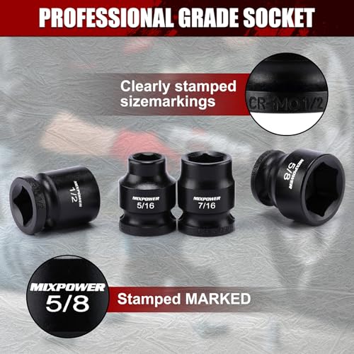 MIXPOWER 12-Piece 3/8" Drive Stubby Impact Socket,CR-MO,5/16"-1",6-Point,SAE,Radius Corner Design, Axle Nut Impact Grade Socket for Easy Removal - size: 3/8" Drive / SAE Set