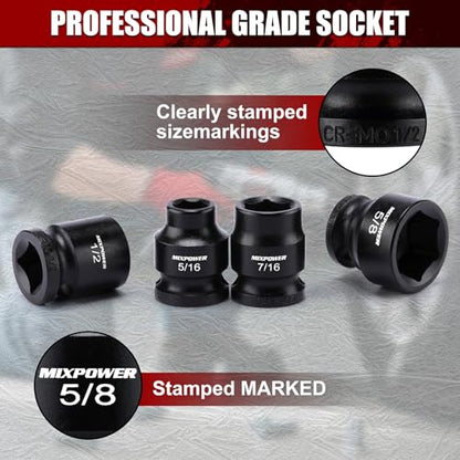 MIXPOWER 12-Piece 3/8" Drive Stubby Impact Socket,CR-MO,5/16"-1",6-Point,SAE,Radius Corner Design, Axle Nut Impact Grade Socket for Easy Removal - size: 3/8" Drive / SAE Set