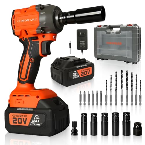COMOWARE 650N.m (480 ft-lbs) Cordless Impact Wrench, 1/2" Brushless High Torque Impact Gun, 20V 4.0Ah Battery & Fast Charger, 6 Sockets w/case, 3-Speed Control (0-3000RPM), Gift for Dad