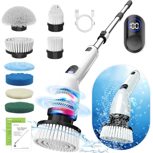 TUYU Electric Spin Scrubber, Full-Body IPX7 Waterproof Bathroom Scrubber with Power LCD Display, 8 Replacement Head, Adjustable Extension Handle, Cordless Shower Cleaner Brush for Bathtub Cleaning - color: Grey White