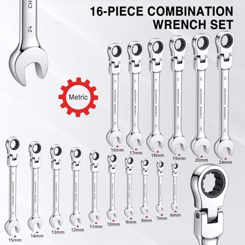 16PCS Flex Head Ratcheting Wrench Set, 6-24 mm Metric Combination Wrench Set with Roll-Up Pouch, 72-Tooth Chrome Vanadium Steel, Professional Tool for Automotive Repair and Home Maintenance - size: 16-pcs + Red Pouch