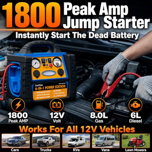 Car Jump Starter with Air Compressor, 1800A Battery Booster Pack for Up to 8.0L Gas & 6.0L Diesel, 150PSI Tire Inflator, 400W Portable Power Station with AC Outlet, 6-in-1 Jump Box for Cars, Trucks - style: 1800AMP