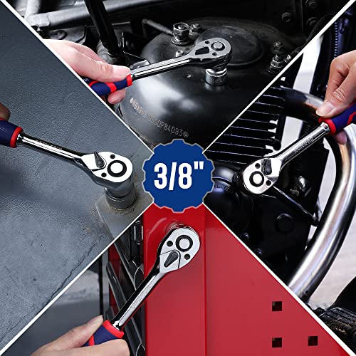 WORKPRO 3/8" Drive Ratchet Wrench, 72-Tooth Reversible | Quick-Release, CR-MO Head, Chrome Plated Finish, Ergonomic Non-Slip Handle - size: 3/8"