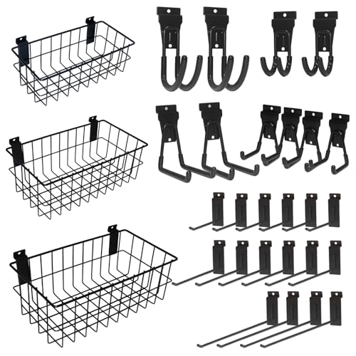 NeatiEase 29 PCS Slatwall Accessories Kit for Garage Rooms Shops Storage, Slat Wall Accessory Includes 3 Pack Slatwall Baskets Set and 26 PCS Multisized Heavy Duty Slatwall Hooks - color: Black, size: 29 pcs