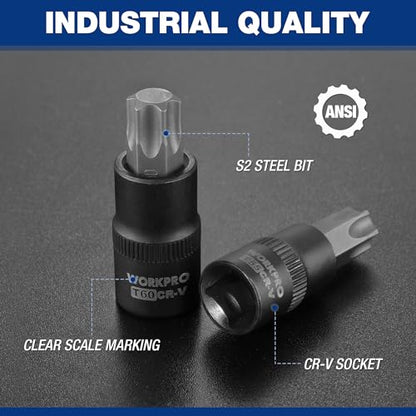 WORKPRO Torx Bit Socket Set, 1/4", 3/8" and 1/2" Drive Torx Bits 13-Piece Socket Set T8-T60, Premium S2 Steel Bits and CR-V Sockets with Storage Case - style: 13-piece torx bit socket set